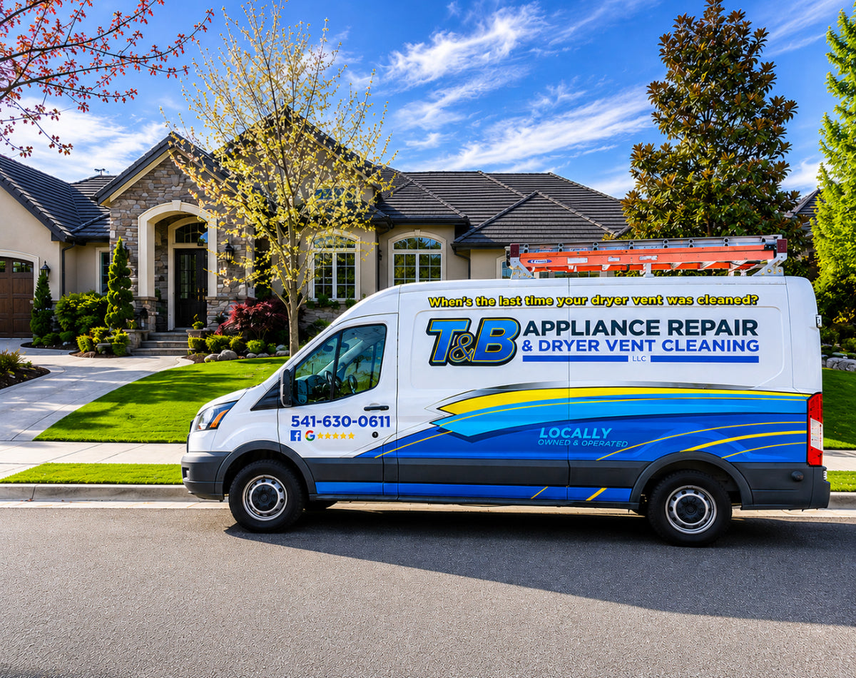 Wrapped T&B Appliance Repair and Dryer Vent Cleaning service van in front of a Southern Oregon home