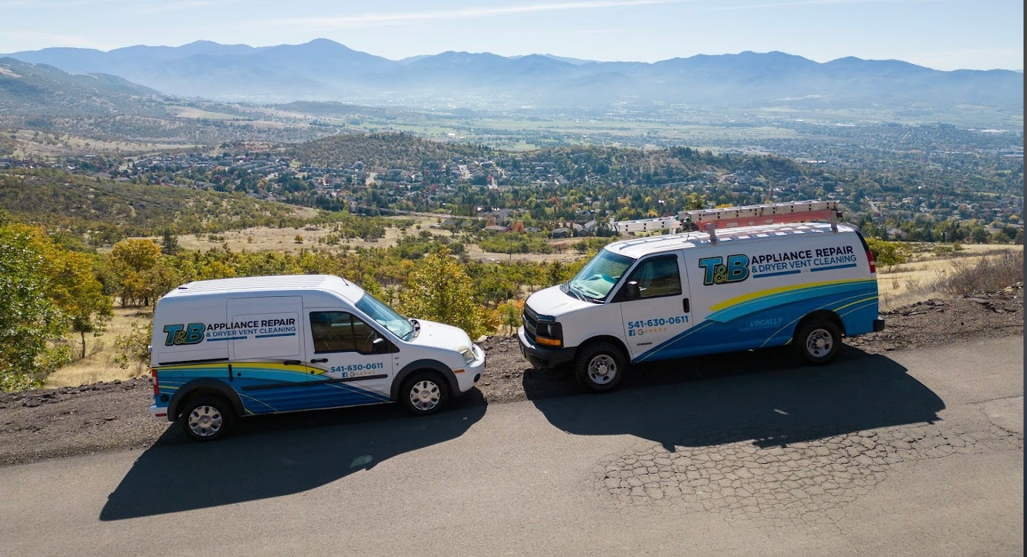 T&B Appliance Repair and Dryer Vent Cleaning service vans overlooking the Rogue Valley in Southern Oregon